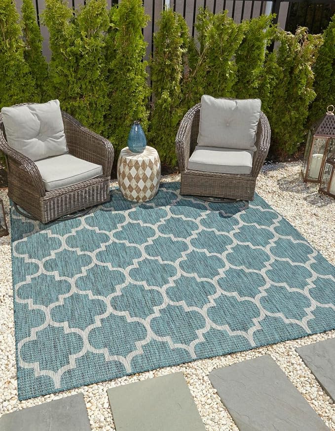 Unique Loom Outdoor Trellis Collection Area Rug (6' 1" Square Teal/Gray)