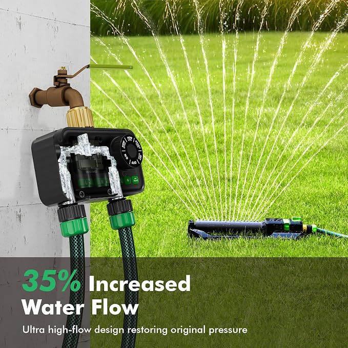 RESTMO Sprinkler Timer for Outdoor Hose Faucet 2 Pack, Max 11h59m Programmable Water Timer for Garden Soaker Hose, Misting with Brass Inlet & Large Dial, Rain Delay/Manual/Automatic Irrigation System