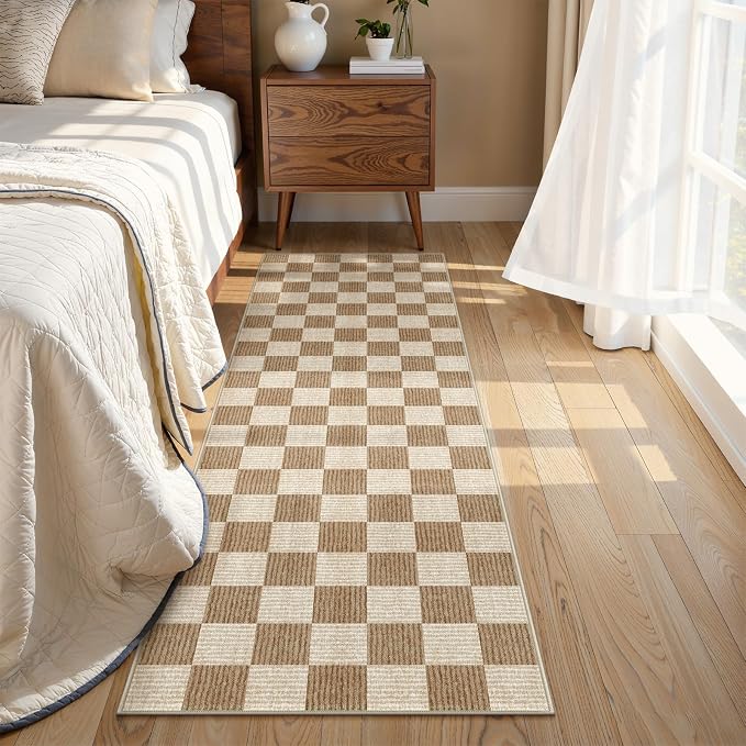 LIVEBOX Washable Runner Rug, 2x6 Brown Runner Rugs for Hallway, Non-Slip Kitchen Runners, Farmhouse Neutral Classic Geometric for Hallways, Entryway, Bedroom, Bathroom(Brown 2'x6')