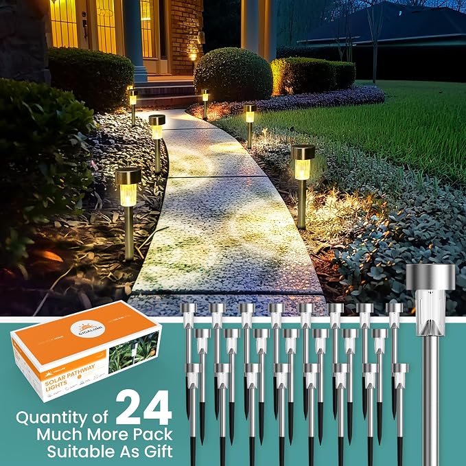 GIGALUMI 24 Pack Solar Lights Outdoor Waterproof,Stainless Steel LED Solar Garden Lights, Solar Pathway Lights Outdoor, Outdoor Solar Lights for Yard, Patio, Lawn and Landscape(Warm White)
