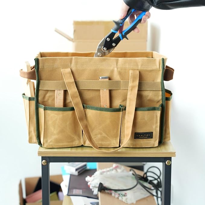 Canvas Tool Bag, 16OZ Waxed Canvas Tool Tote Bag with Metal Zipper & 12-Pocket Design, Multi-Purpose Garden Tool Storage Tote for Electrician Gardener Plumber | Khaki | 14.5"L x 7.5"W x 10"H