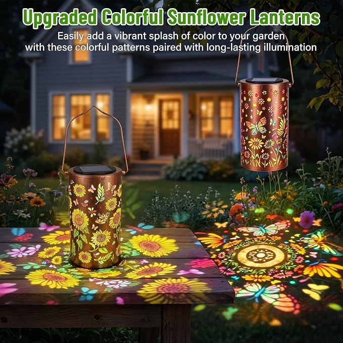 Garden Decor - [2 Pack] Colorful Hanging Solar Lanterns Outdoor Waterproof, Sunflower + Butterfly Solar Lantern for Courtyard Patio Table Step Front Porch Decor, Gifts for Mom Wife Grandma Friends