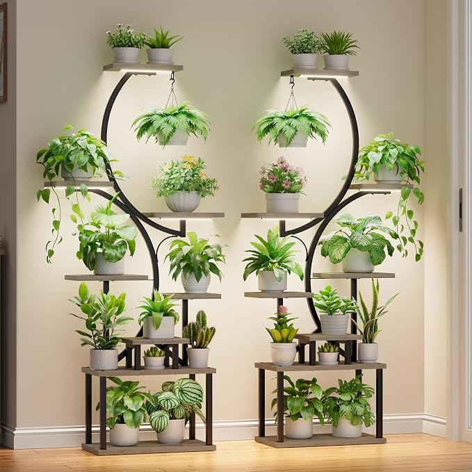 BACEKOLL Plant Stand Indoor with Grow Light - 2 Pack Tall Indoor Plant Shelf, 62" Corner Plant Holder, 8 Tiered Large S-Shape Flower Multiple Display Shelf for Home, Grey