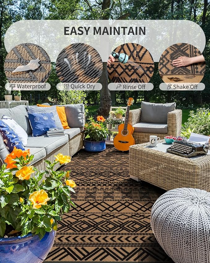 MontVoo Outdoor Rug Carpet Waterproof 6x9 Outdoor Patio Rug Mat Reverisble Plastic Straw Outdoor Rug for RV Camping Picnic Beach Balcony Boho Black Brown