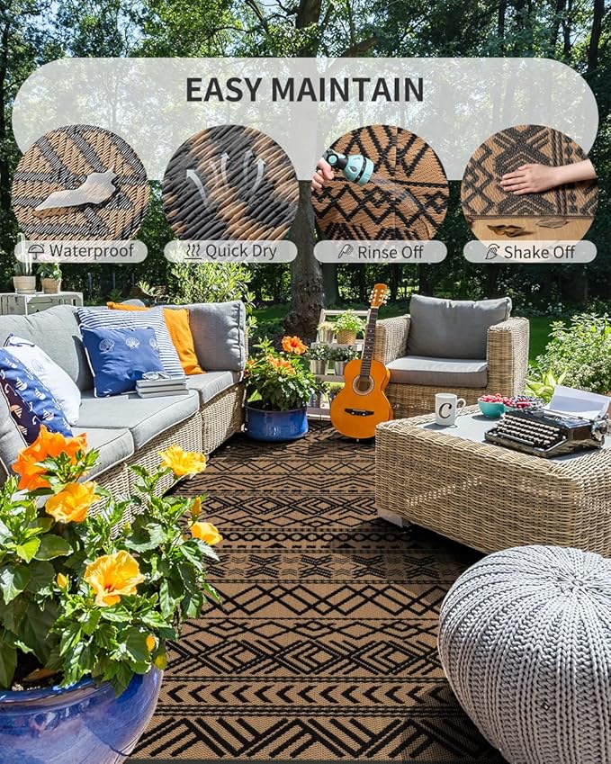 MontVoo-Outdoor Rug Carpet Waterproof 5x8 ft Reversible Patio Rug RV Camping Rugs Plastic Straw Outside Indoor Outdoor Area Rugs for Patio Deck Balcony Picnic Beach Outdoor Decor Boho Black Brown