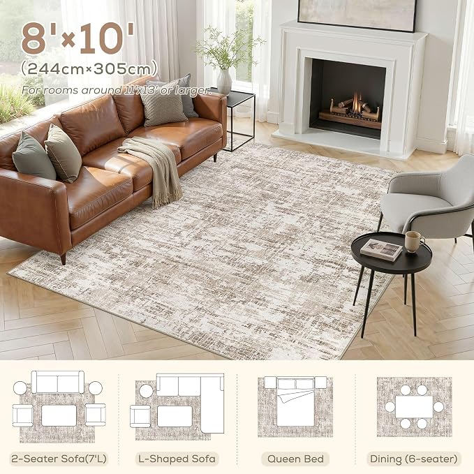 Nakagishi 8X10 Abstract Washable Area Rugs for Living Room-Brown-02 | Modern Non-Slip Silicone Backing Low Pile Soft Carpet for Bedroom Dining Decor Ideal for Families with Kids and Pets