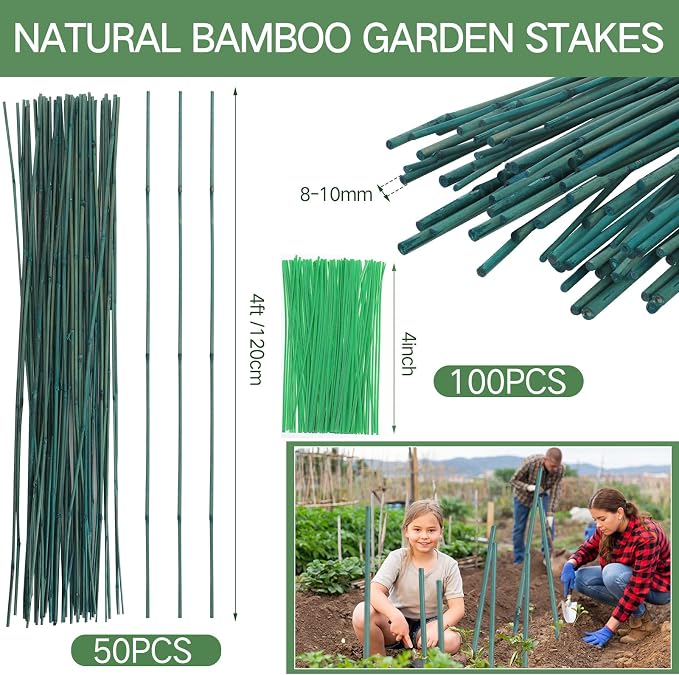 Suclain 50 Pcs 4 Feet Bamboo Stakes for Plant Support Bamboo Sticks Poles Indoor and Outdoor Tall Garden Stakes with 100pcs Twist Ties for Tomato Bean Flowers Trees Potted and Climbing Plant Support