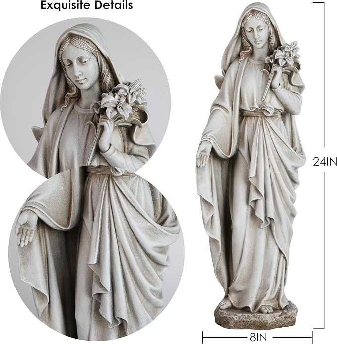 Grace4Joy Virgin Mary Statue Outdoor, 24 Inches Blessed Mother Mary Garden Statue, Rustic Saint Mary Holding Lilies Outdoor Sculpture for Home Yard Patio Lawn Hallway Decor