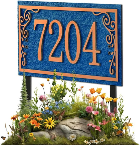 Lawn Address Sign Plaque - Personalized House Number Plaque Sign,Address Numbers for House Large Option Stakes Included (Blue/Copper)