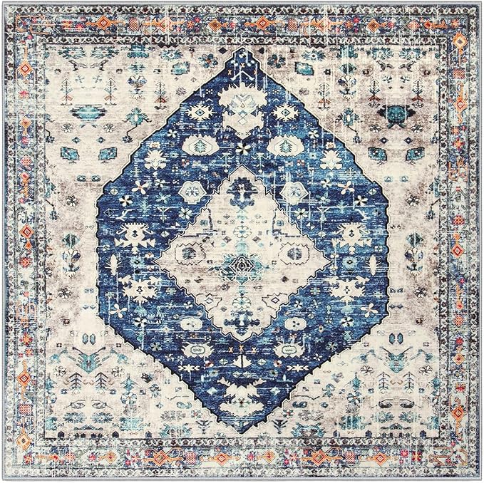 Lahome Felice Boho Tribal Square 4x4 Area Rug, Blue Washable Bathroom Rugs Soft Kitchen Rugs, Oriental Non Slip Non-Shedding Indoor Throw Floor Carpets for Bedroom Entryway Home Decor