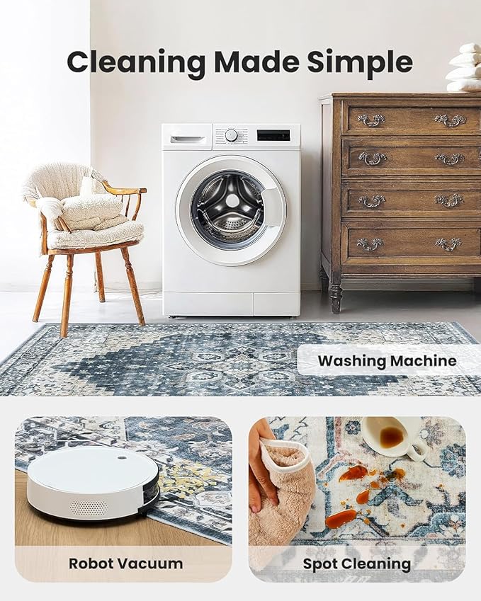 AMADA HOMEFURNISHING 5x7 Area Rugs, Washable Living Room Rug Low-Profile with Non-Slip Backing & Durable Edge Binding, Vintage 5x7 Rugs for Living Room, Bedroom, Dinning Room