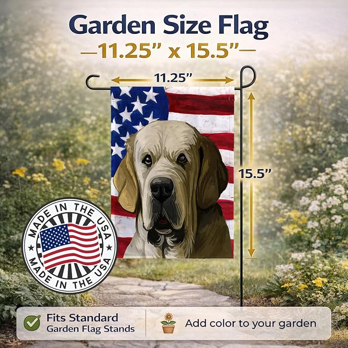 Caroline's Treasures CK6718GF Spanish Mastiff Dog American Flag Garden Flag Mailbox Flag Decorative Yard Flag Banner Outside Patio Artwork Yard Flower Beds, Garden Size, Multicolor