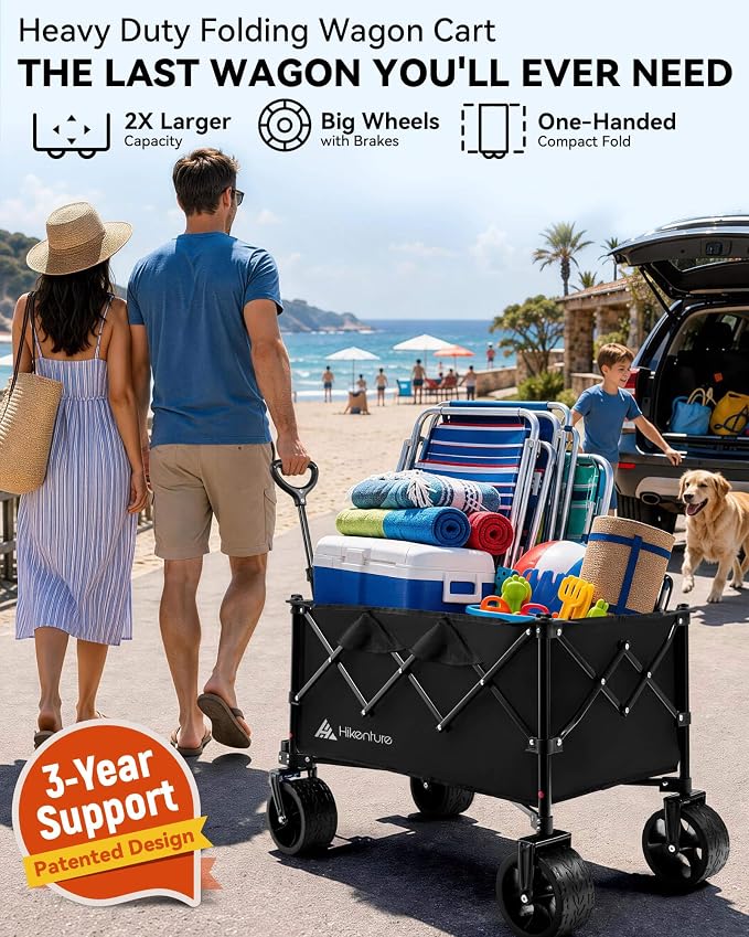 Hikenture Foldable Beach Wagon with Big Wheels for Sand, 330 lbs Capacity | Large wagon for beach, camping, sports & grocery hauling; Big wheels for sand & gravel; One-hand fold