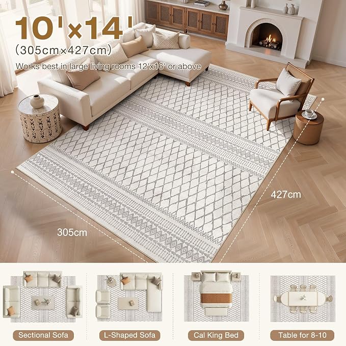 cotiled Boho 10x14 Area Rug for Living Room: Large Moroccan Washable Rug | Solve Modern Neutral Trendy Home Decor - Stain Resistan Carpet for Bedroom Farmhouse Beige Gray