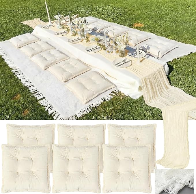Extra Large Outdoor Picnic Blanket with Table Runner and Floor Pillow Cushion for Picnic Wedding Birthday Baby Shower Backyard Decor(91 x 71'',Light Beige,8 Pcs)