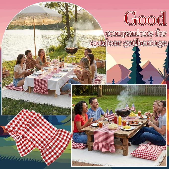 Extra Large Outdoor Boho Picnic Blanket Set with Plaid Table Runner, 6 Pillow Covers 6 Napkins, 91x71 Inch Oversize Woven Cotton Machine Washable Beach Mat for Camping Wedding Picnic