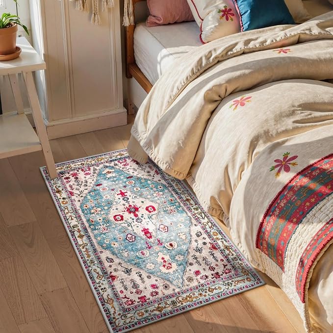 Lahome Felice Boho Tribal Area Rug - 2x3 Small Aqua Bath Rugs Kitchen Throw Mat, Soft Washable Non Slip Non Shedding Bohemian Bathroom Bedroom Carpet for Front Door Living Room Stove Chair