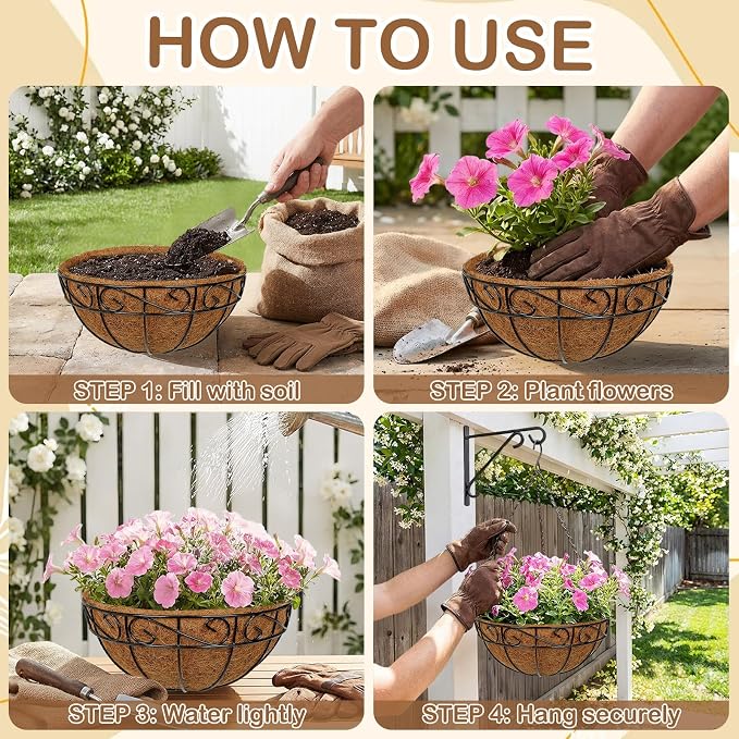 6 Pack 12 inch Metal Hanging Baskets for Plants, Round Metal Wire Hanging Basket Planter with Coco Fiber Liners Chain for Garden Home Porch Patio, Flower Border