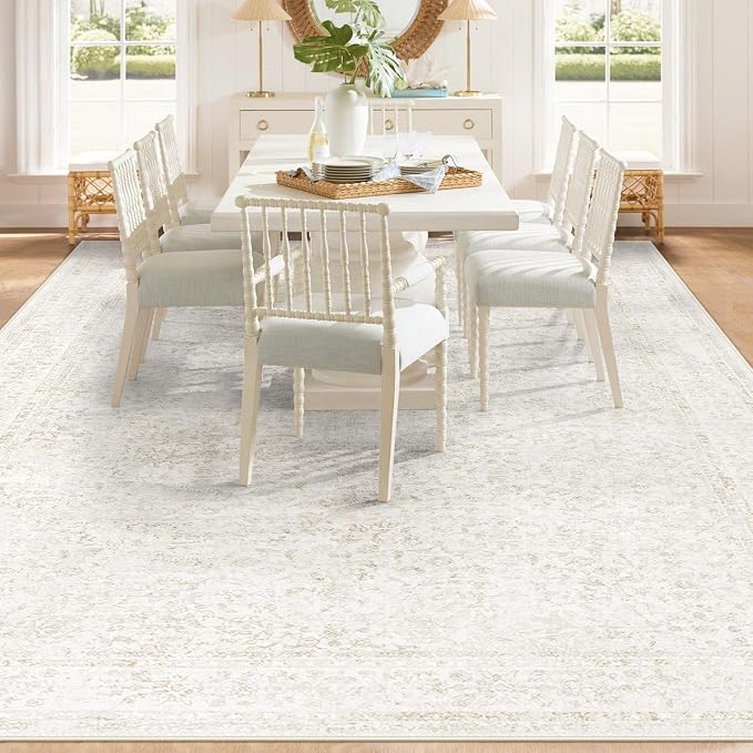 8x10 Area Rugs for Living Room: Washable Large Vintage Floral Rug Low Pile Non-Slip Boho Carpet for Bedroom Dining Home Office (Floral Beige, 8'x10')