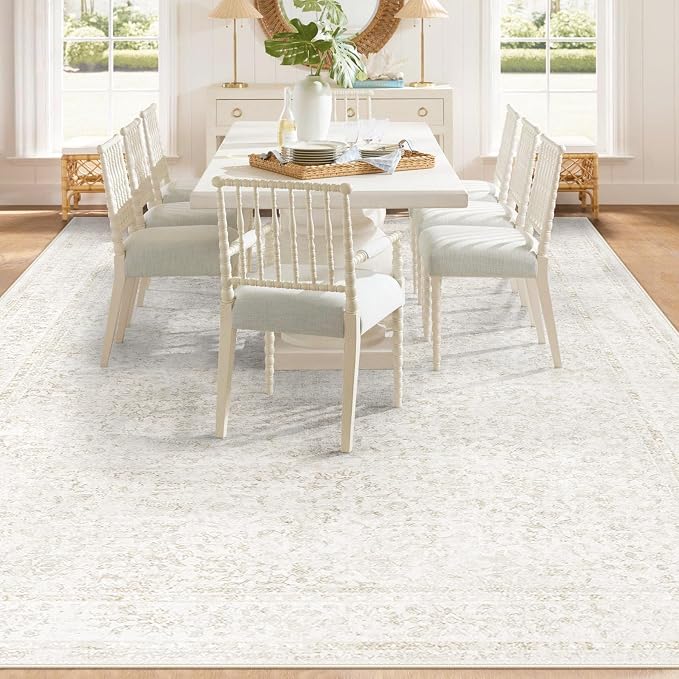 9x12 Area Rugs for Living Room: Washable Large Vintage Floral Rug Low Pile Non-Slip Boho Carpet for Bedroom Dining Home Office (Floral Beige, 9'x12')