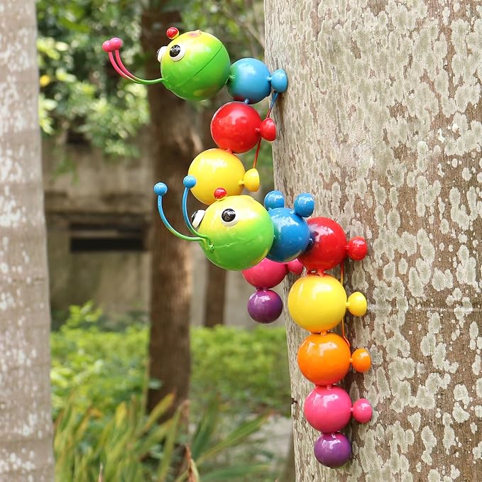 Cruis Cuka Metal Caterpillar Statue Yard Art Garden Decor for Outside Patio Lawn Ornaments Fence Decorations Family,Friends,Garden Lovers - Set of 2(Colorful NEW)