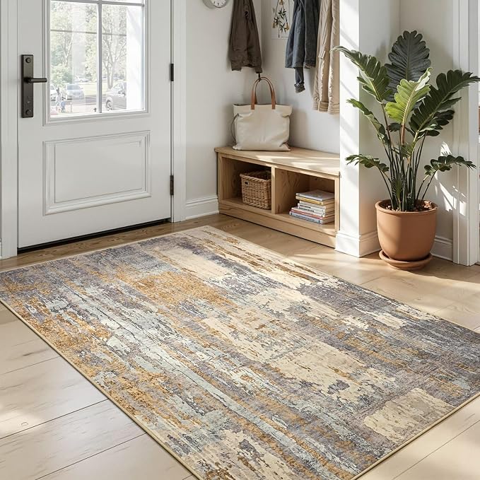 Toneed 4x6 Washable Non Slip Abstract Area Rugs for Bedroom Living Room | Soft Modern Low Pile Rug for Kitchen Hallway Office,Indoor Carpet for Kids Nursery Home Decor, Camel
