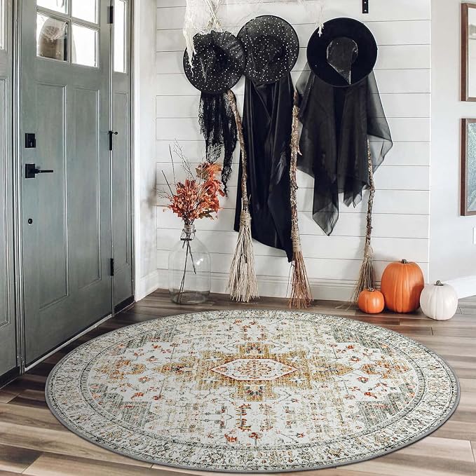 Moynesa Washable Round Rug 4ft, Vintage Medallion Area Rug Distressed Neutral Circle Rug, Soft Non Slip Low Pile Carpet for Living Room Bedroom Dining Room Nursery, Beige/Gold