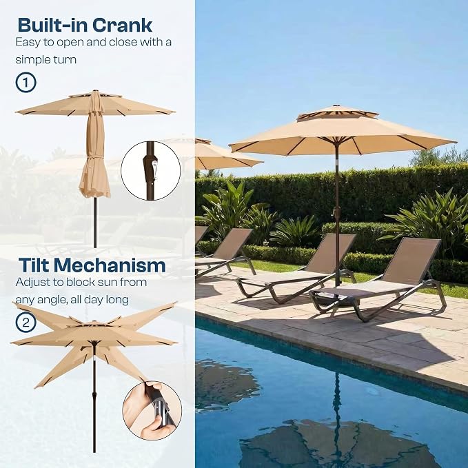 10FT Patio Umbrella, 2 Tier Outdoor Table Umbrella, Large Vented Market Umbrellas with Push Button Tilt and Crank, 8 Sturdy Ribs for Backyard, Deck, Pool, UPF50+ UV Protection