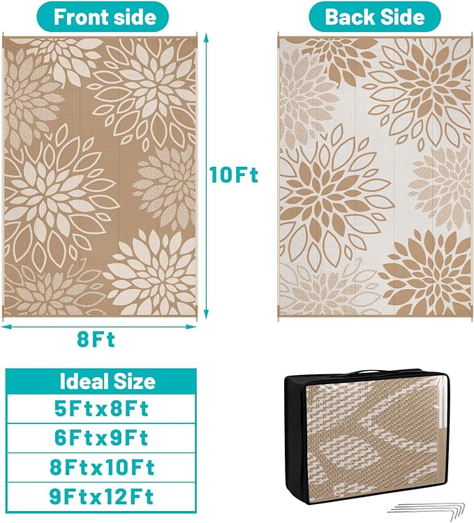 HEBE Waterproof Outdoor Rug 8x10 for Patios, Floral Reversible Plastic Straw Rug Patio Mat, Indoor Outdoor Carpet RV Mat Camping Rug for Deck, Camper, Porch, Balcony, Backyard, Picnic