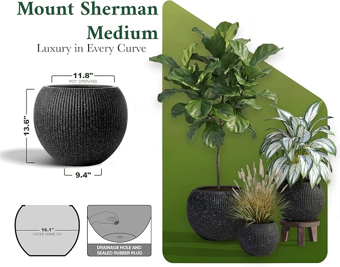 DTY Premium Mt Sherman Fiberstone Sphere Planter for Indoor Outdoor Use, Round Pot for Olive Tree, Lightweight, Smooth Finishes. 2 Coco Mats. Ribbed Black, Medium 16.1'' D x 13.6'' H 11.8” Pot Opening