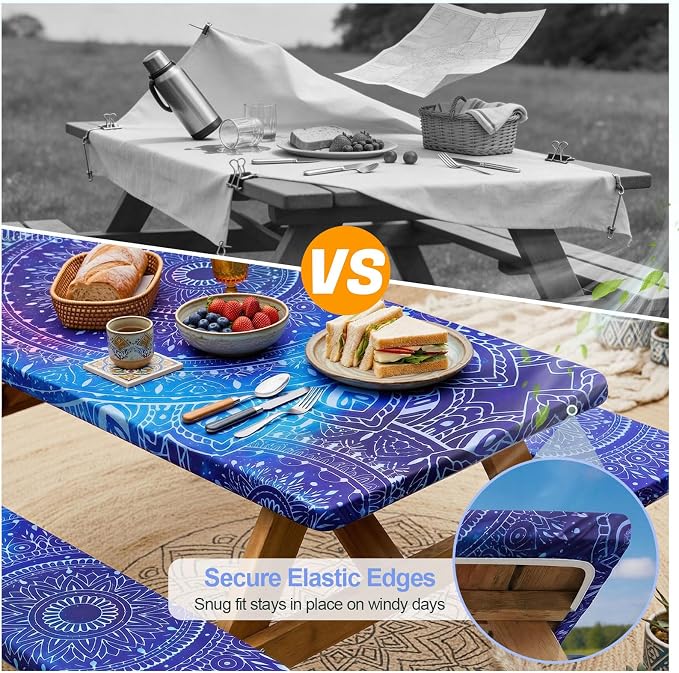 Picnic Table Cover with Bench Covers Camping Essentials Waterproof Windproof Camping Tablecloth with Drawstring Bag, Fitted Rectangle Tables and Seats, 60in, Blue Purple