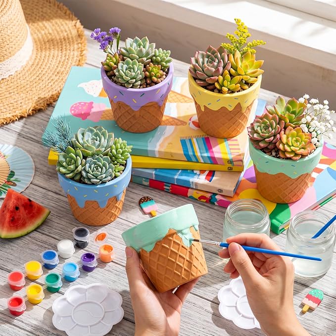 Zubebe 12 Pcs Paint Your Own Ceramic Pots Bulk Unfinished Succulent Pots Craft Kit with Drainage Hole Mini Paintable Plant Vase Ready to Paint Planter for Cactus DIY Craft (Ice Cream)