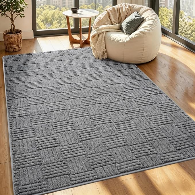 Grey Washable Shag Area Rug for Living Room, 6x9 Modern Geometric Non Slip Bedroom Rugs, Fluffy Soft Thick Carpet for Boys Kids Room, Dorm, Office, and Home Decor