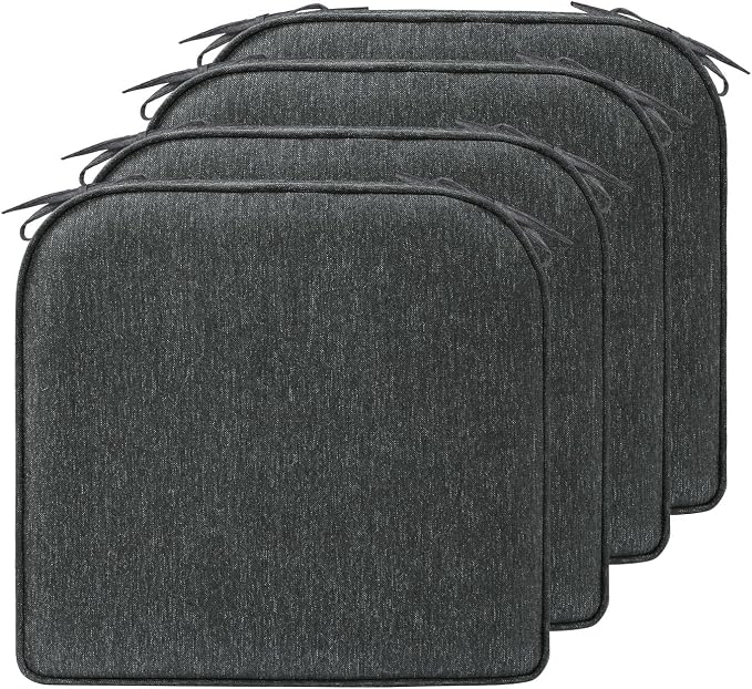 17 x 16 Inch Outdoor Chair Cushions with Tie Straps, Set of 4 Thick Water Repellent Round Patio Chair Pads for Garden Lawn Patio Furniture, Charcoal