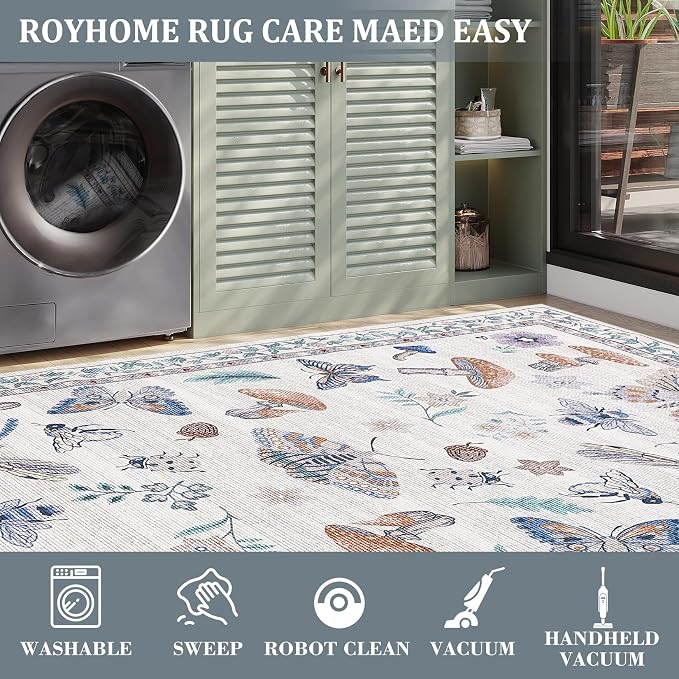 Mushroom Washable 8x10 Rug for Living Room Non Slip 8 x 10 Rug for Bedroom with Rubber Back Soft Low-Pile Stain Resistant Foldable Large Carpet for Office Nursery Dining Room Beige