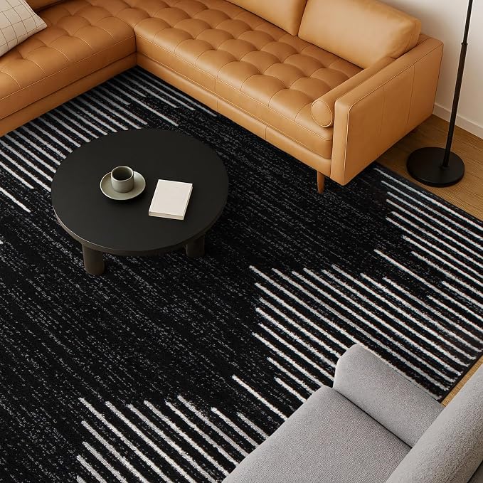 Rugshop Bohemian Stripe Stain Resistant Large Area Rug Black 8'8" x 12' | High Traffic,Fade Resistant, Living Room, Bedroom, Dining Room, Large Areas,Basement,Open Spaces,Kitchen,Oversized Area Rug