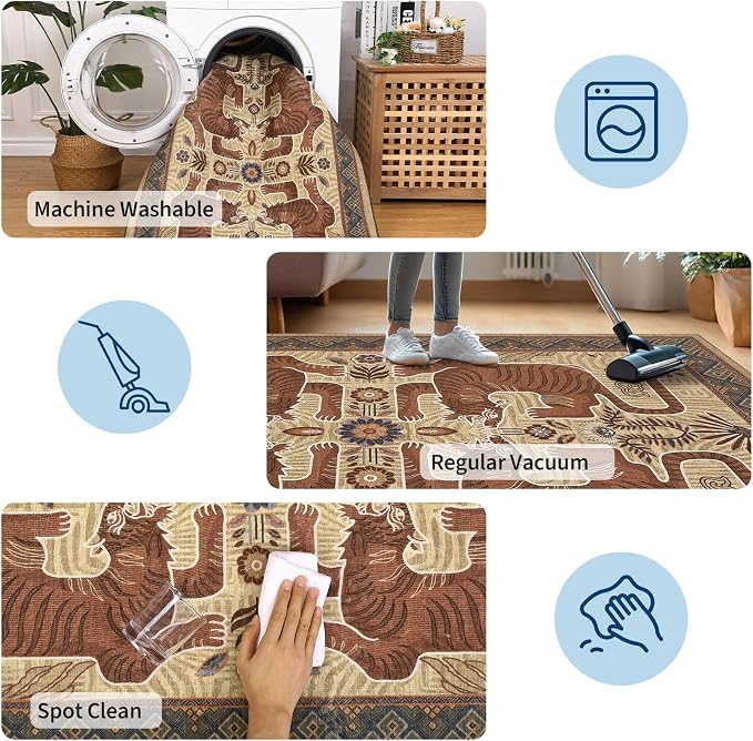 GarveeHome Tiger Print 2'x6' Washable Runner Rug Non Slip Boho Hallway Rug | Camel Kitchen Runner Ultra Thin Soft Vintage Tribal Indoor Throw Floor Carpet for Laundry Entryway Bedroom Bathroom