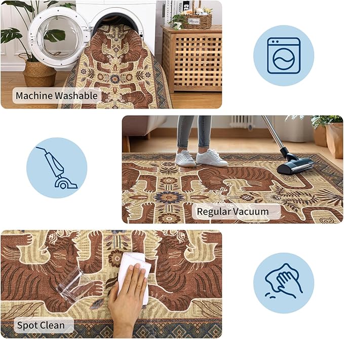 GarveeHome Tiger Round Area Rugs Boho Kids Room Non Slip Washable Vintage | 6ft Camel Animal Print Circle Rugs, Tribal Floor Carpet for Dining Room Entryway Nursery Playroom Office