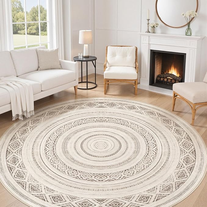 cotiled 8x8 Round Rug 8ft Circle Living Room Boho Area Rugs | Solve Modern Neutral Trendy Home Decor - Washable Foldable Indoor Carpet for Bedroom Home Office Dark Brown