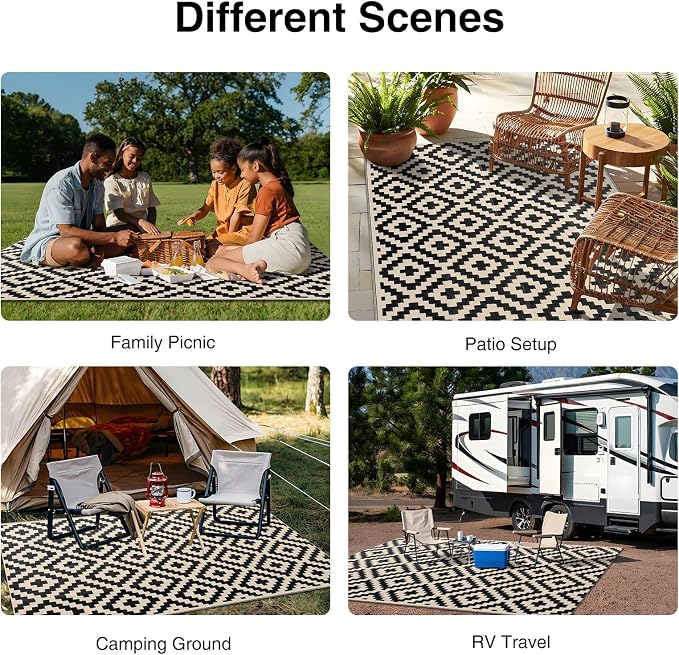 OLANLY Waterproof Outdoor Rug 4x6 ft, Outdoor Plastic Straw Rug for Camping, RV Mat Outside, Outdoor Carpet for Porch, Deck, Backyard, Balcony, Picnic, Black & Beige