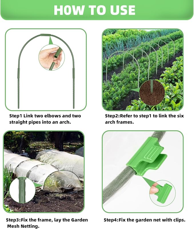U0U Garden Mesh Netting Kit,7.8 x 24 Ft Plant Netting with Hoops,Bird Net for Garden with 6 Sets Garden Hoops & 18 Clips,Garden Net Bed Cover for Plants Birds Animals Protection (White)