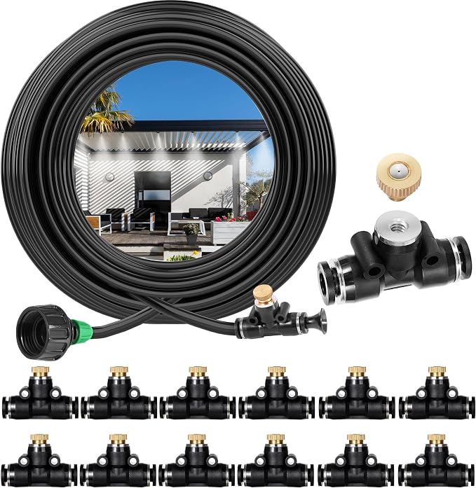 40FT Misters for Outside Patio, Misting Cooling System Anti Leak, Misting Line with 12 Brass Mist Nozzles and Adapter(3/4"), DIY Water Misters for Garden Greenhouse Fan BBQ Party Pool