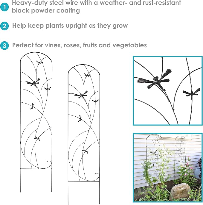 Sunnydaze 56-Inch Dragonfly Delight Outdoor Plant Trellis - Metal Garden Trellis for Climbing Plants - Set of 2 - Black