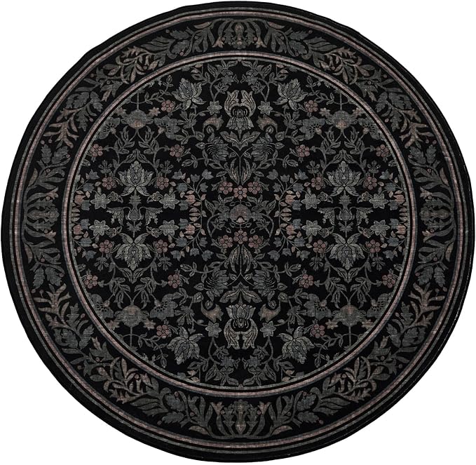GarveeHome Round Rugs 6ft Washable Circle Rug for Living Room, Black | Boho Vintage Non Slip Soft Low Pile Stain Resistant Indoor Carpet for Bedroom Dining Room Kitchen Entryway Office