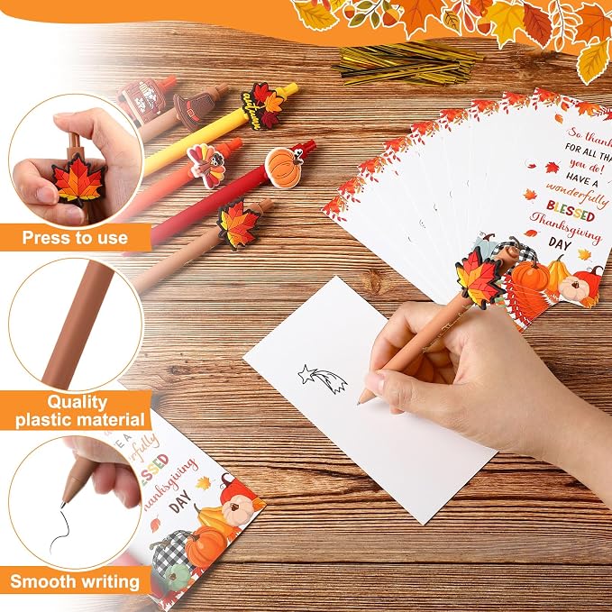 Marspark 30 Sets Fall Gifts Bulk Thanksgiving Ballpoint Pens and Thankful Maple Greeting Cards Set with Bags Twist Ties Autumn Holiday Appreciation Gifts for School Office Thanksgiving Party Favors