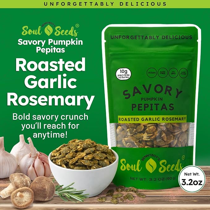 Soul Seeds Roasted Garlic Rosemary Pumpkin Seeds – Organic Pepitas with Shiitake Mushroom, Nutritional Yeast & Himalayan Salt, Savory Herb Vegan Snack, Crunchy Seed Topping, 3.2 oz