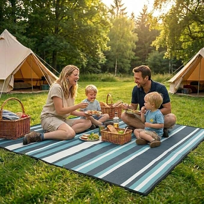 Outdoor Rug Camping Essentials - 4x6 FT Outdoor Plastic Straw Rug for Patio Clearance, Waterproof RV Essentials Outside Area Rug for Deck Garden, Backyard Patio Furniture Set, Dark Grey & Blue