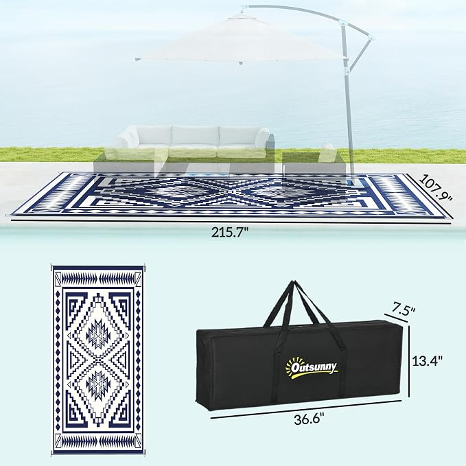 Outsunny Outdoor Rug for Patio, 9' x 18' Waterproof Large Mat, Reversible Plastic Straw Rug for Decor, Portable Outside RV Camping Area Carpet Mat for Backyard Porch Deck Picnic, Blue & White Square