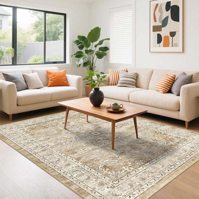 U'Artlines Boho Vintage Area Rug 5x7 Machine Washable Carpet, Cream Tan | Low Pile, Non Slip, Ultra-Thin Soft Floor Carpet, Accent Rug for Living Room Bedroom Dining Room Office