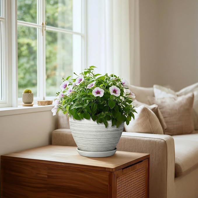 Indoor Plant Pots 8 Inch - Ceramic Plant Pots with Drainage Hole and Saucer, Large Flower Pot for Indoor Plants Outdoor, Round Planters, Garden Decor, Gifts for Plant Lovers, Textured Grey